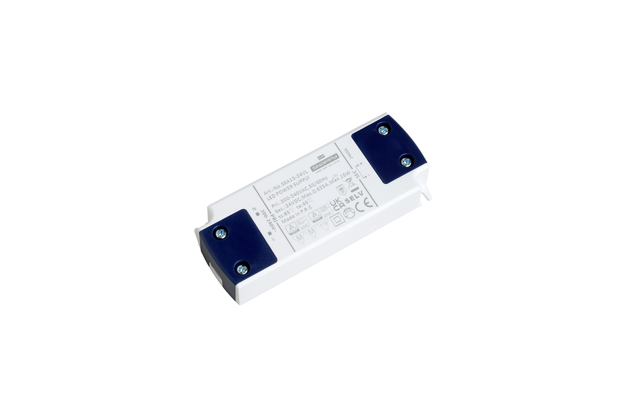 SEA15-24VL  15W, Constant Voltage Non Dimmable LED Driver, 24VDC, 0.625A, Input 200-240VAC 50/60Hz, IP20.